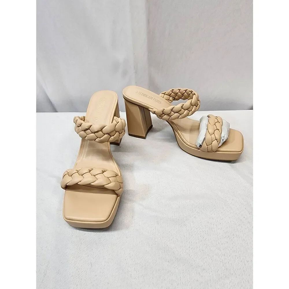 DREAM PAIRS Size 11 Nude Two Braided Strap Platform Heels Sandals Block Heel